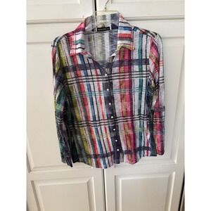 David Cline Women Multi-Color Plaid Crinkle Snap Front Long Sleeve Top Size M